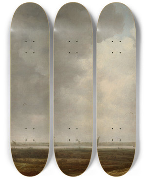 Triptych art skateboard deck of Jan Van Goyen Panoramic View Of A River With Lowlying Meadows by Jan Van Goyen (1596-1656)