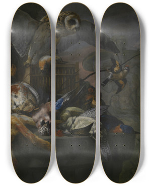 Triptych art skateboard deck of Pieter Boel Still Life With Owl by Pieter Boel (1622-1674)