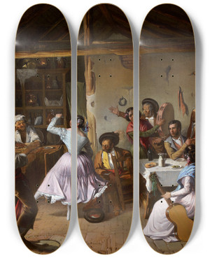 Triptych art skateboard deck of Rafael Benjumea Dance At A Country Inn by Rafael Benjumea (1845-1873)
