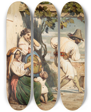 Triptych art skateboard deck of Dominique Louis Papety La Saltarelle by Dominique Louis Papety (1815-1849)