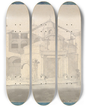 Triptych art skateboard deck of Christoffer Wilhelm Eckersberg A Section Of The Via Sacra Rome The Church Of Saints Cosmas And Damian_2 by Christoffer Wilhelm Eckersberg (1783-1853)