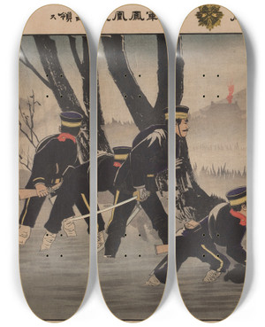 Triptych art skateboard deck of Kobayashi Kiyochika Hurrah For The Great Empire Of Japan The First Army Captures Fenghuangcheng by Kobayashi Kiyochika (1847-1915)
