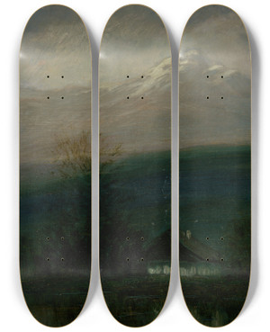 Triptych art skateboard deck of Ferdinand Katona The Tatra Mountain In The Night by Ferdinand Katona (1864-1932)