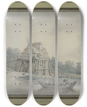 Triptych art skateboard deck of Mariegabrielflorentauguste De Choiseulgouffier Mill Near Charenton by Marie-Gabriel-Florent-Auguste de Choiseul-Gouffier