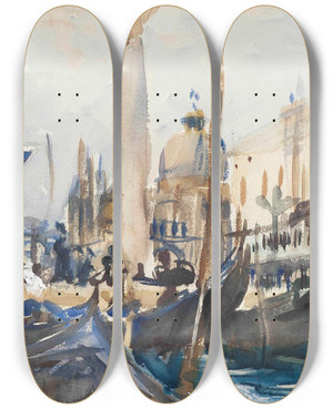 Triptych art skateboard deck of John Singer Sargent The Piazzetta With Gondolas by John Singer Sargent (1856-1925)