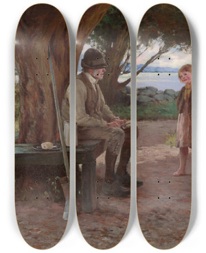 Triptych art skateboard deck of Howard Helmick The Storyteller by Howard Helmick (1845-1907)