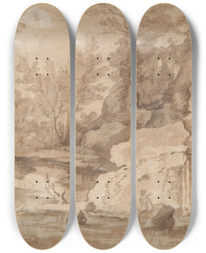 Triptych art skateboard deck of Herman Van Swanevelt Riverlandscape by Herman Van Swanevelt (1600-1655)