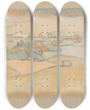 Triptych art skateboard deck of Robert Polhill Bevan A Village In The Sussex Downs by Robert Polhill Bevan (1865-1925)