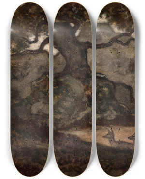 Triptych art skateboard deck of Antoinelouis Barye Two Deer At Rest In The Forest Of Fontainebleau by Antoine-Louis Barye (1796-1875)