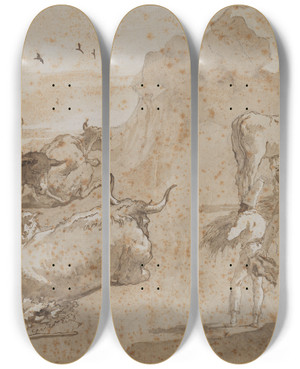 Triptych art skateboard deck of Giovanni Domenico Tiepolo Sheep And Cows by Giovanni Domenico Tiepolo (1727-1804)