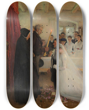 Triptych art skateboard deck of Pascaladolphejean Dagnanbouveret Blessing Of The Young Couple Before Marriage by Pascal-Adolphe-Jean Dagnan-Bouveret (1852-1929)