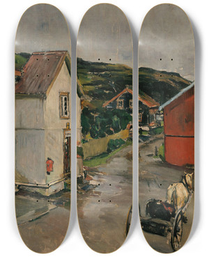 Triptych art skateboard deck of Gerhard Munthe The Courtyard At Kongsvoll by Gerhard Munthe (1849-1929)