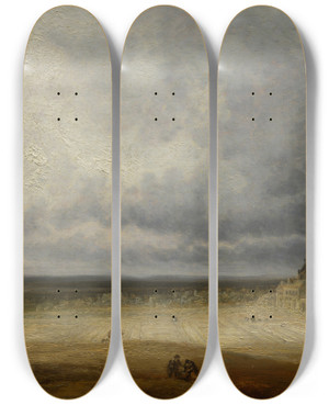 Triptych art skateboard deck of Georges Michel Landscape With A Plowed Field And A Village by Georges Michel (1763-1843)