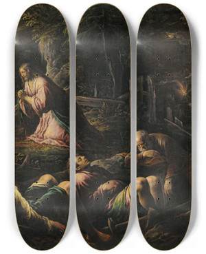 Triptych art skateboard deck of Jacopo Bassano The Agony In The Garden by Jacopo Bassano (1510-1592)