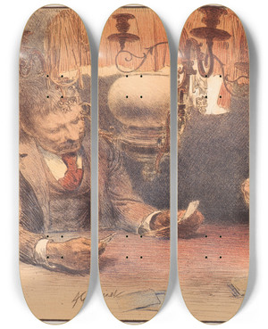 Triptych art skateboard deck of After Jean Adrien Guignet The Lamp by After Jean Adrien Guignet (1816-1854)