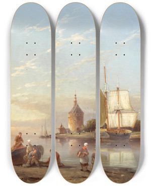 Triptych art skateboard deck of Pieter Cornelis Dommersen Hoorn On The Zuiderzee Holland by Pieter Cornelis Dommersen (1833-1918)