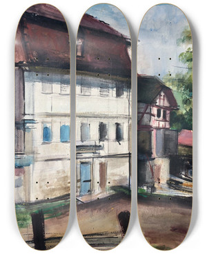 Triptych art skateboard deck of Otto Geigenberger Huser In Franken by Otto Geigenberger (1881-1946)