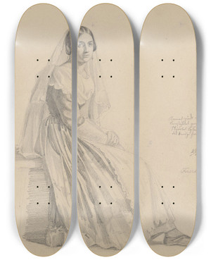 Triptych art skateboard deck of Adolph Tidemand En Stende Og En Sittende Kvinne by Adolph Tidemand (1814-1876)