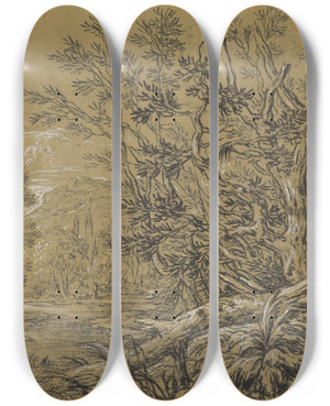 Triptych art skateboard deck of Jonas Umbach Stream Through An Ancient Forest by Jonas Umbach (1624-1700)
