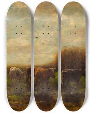 Triptych art skateboard deck of Willem Maris Cows At Evening by Willem Maris (1844-1910)