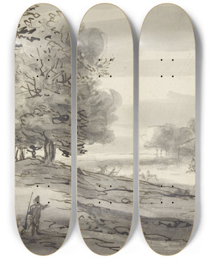 Triptych art skateboard deck of Roelant Roghman Landschaft Mit Einer Parforcejagd Links Eine Dame Zu Pferde Mit Einem Sonnenschirm by Roelant Roghman (1627-1692)