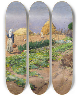 Triptych art skateboard deck of Hugo Mhlig Arbeit Auf Dem Feld by Hugo Muhlig (1854-1929)