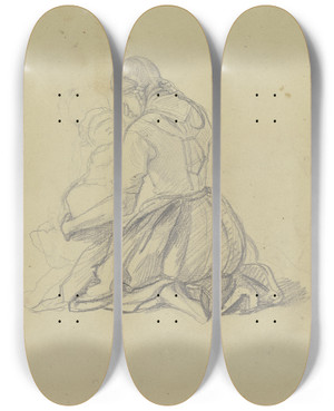 Triptych art skateboard deck of Jakob Becker Kniendes Mdchen Die Augen Mit Seiner Rechten Bedeckend Mit Einem Kleinkind Im Linken Arm by Jakob Becker (1810-1872)