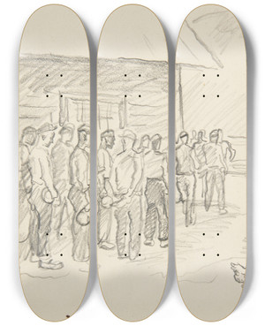 Triptych art skateboard deck of Ivan Ivanec Robotnicy Stojcy W Kolejce Po Posiek by Ivan Ivanec (1893-1946)