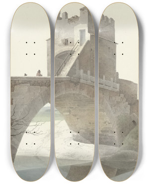 Triptych art skateboard deck of Josephus Augustus Knip The Ponte Salario Near Rome by Josephus Augustus Knip (1777-1847)
