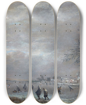 Triptych art skateboard deck of Aert Van Der Neer Winter Landscape With Skaters On A Frozen River by Aert van der Neer (1603-1677)