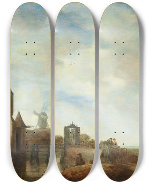 Triptych art skateboard deck of Wouter Knijff Landscape With The Klijne Houtpoort In Haarlem by Wouter Knijff (1607-1693)
