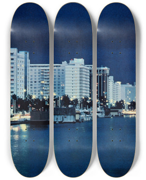 Triptych art skateboard deck of Us Information Agency Scenically Yours Skyline Of Miami Beach Florida by U S Information Agency (1953-1999)