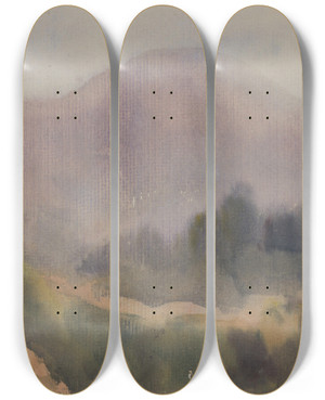 Triptych art skateboard deck of Zolo Palugyay Below A Blue Mountain by Zolo Palugyay (1898-1935)