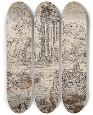 Triptych art skateboard deck of Cornelis Bisschop Classical Landscape Withfigures by Cornelis Bisschop (1630-1674)