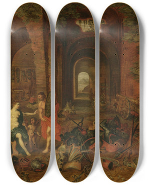 Triptych art skateboard deck of Follower Of Jan Breughel The Younger The Forge Of Vulcan by Follower Of Jan Breughel The Younger (1601-1678)