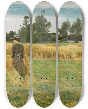 Triptych art skateboard deck of Laurits Andersen Ring Harvest Time Ladby by Laurits Andersen Ring (1854-1933)