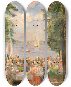 Triptych art skateboard deck of Max Liebermann Beergardennear The Wannsee House On The Lake by Max Liebermann (1847-1935)
