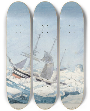 Triptych art skateboard deck of Charles Hamilton Smith The Erebus Terror In A Gale In The Pack Of The Ice by Charles Hamilton Smith (1776-1859)
