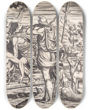 Triptych art skateboard deck of Lon Davent The Death Of Adonis by Leon Davent (1540-1556)