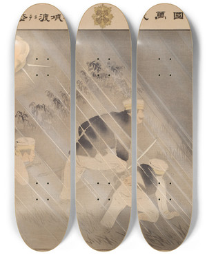 Triptych art skateboard deck of Kobayashi Kiyochika Hurrah For The Great Empire Of Japan Fierce Battle Of Captain Matsuzaki At Anseong Crossing by Kobayashi Kiyochika (1847-1915)