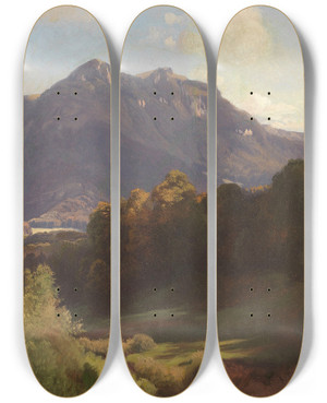 Triptych art skateboard deck of Johann Gottfried Steffan Heuberg Im Inntal Im Herbstlichen Sonnenlicht by Johann Gottfried Steffan (1815-1905)