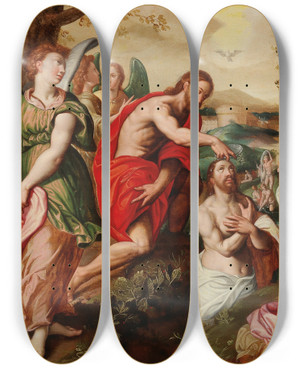 Triptych art skateboard deck of Jacob De Backer The Baptism Of Christ by Jacob De Backer (1555-1585)