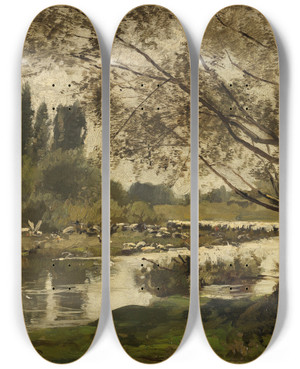 Triptych art skateboard deck of Hermann Baisch Flulandschaft Mit Vgeln Und Weide by Hermann Baisch (1846-1894)