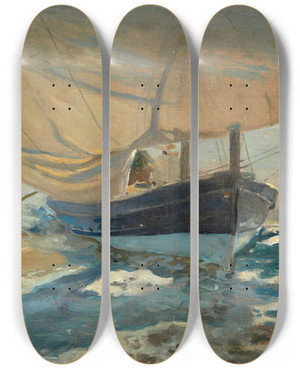 Triptych art skateboard deck of Joaqun Sorolla Barcas En La Playa Fishingboats On The Beachvalencia by Joaquin Sorolla (1863-1923)