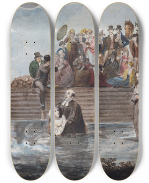 Triptych art skateboard deck of Pavel Petrovich Svinin A Philadelphia Anabaptist Immersion During A Storm by Pavel Petrovich Svinin (1787-1839)