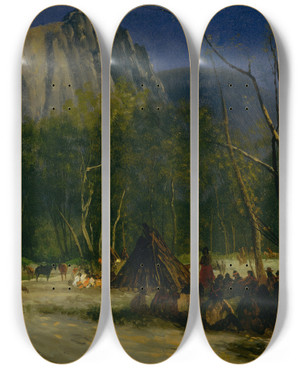 Triptych art skateboard deck of Albert Bierstadt Indians In Council California by Albert Bierstadt (1830-1902)