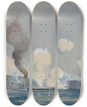 Triptych art skateboard deck of Worden Wood Action Between Uss Monitor And Css Ram Merrimac In Hampton Roads Va Civilwar by Worden Wood (1880-1943)