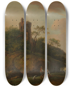 Triptych art skateboard deck of Ferdinand Kobell Burgruine Mit Hirten Und Herde by Ferdinand Kobell (1740-1799)