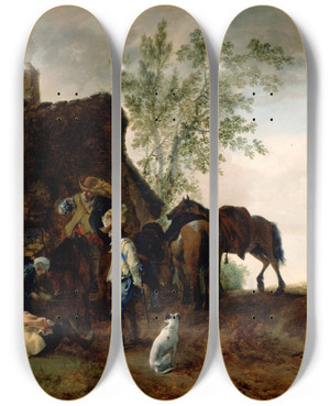 Triptych art skateboard deck of Philips Wouwerman Halt Of Cavaliers At An Inn by Philips Wouwerman (1619-1668)