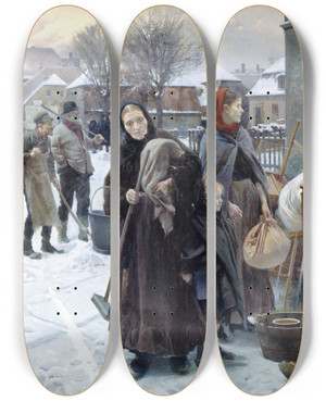 Triptych art skateboard deck of Erik Henningsen Evicted Tenants by Erik Henningsen (1855-1930)